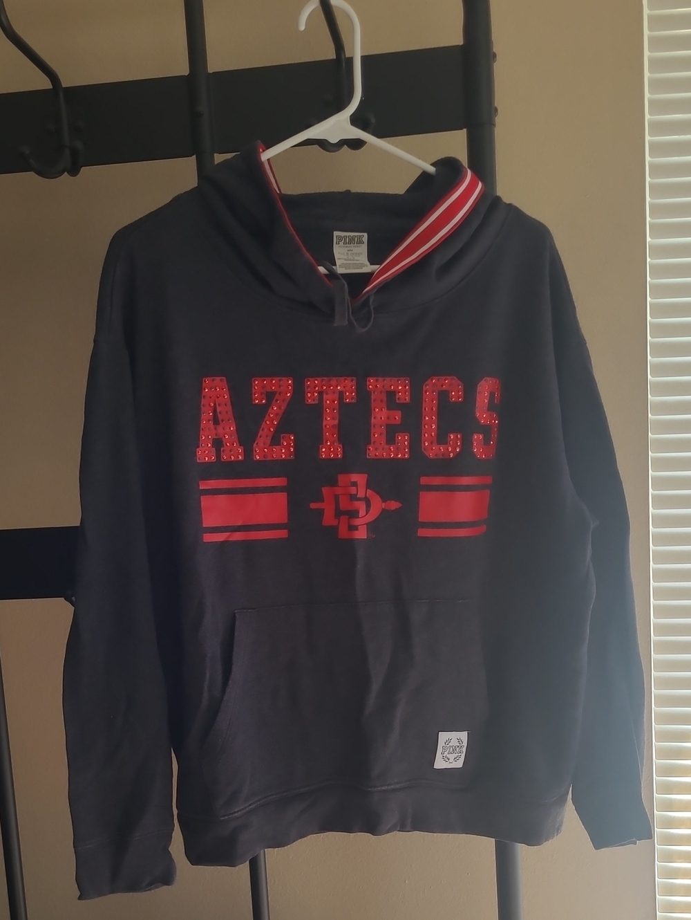 PINK Victoria's Secret Women's Black Crewneck Sweatshirt with Red AZTECS Graphic